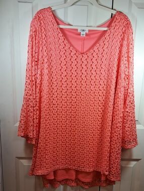 Cato Coral Crochet V-Neck Tunic Top